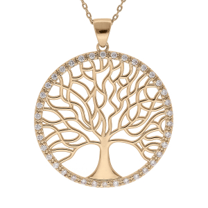 COLLIER PLAQUÉ OR ARBRE DE VIE 30MM CONTOUR OXYDES BLANCS SERTIS 42+3CM