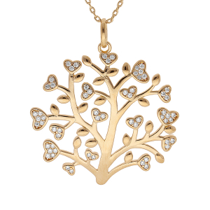 COLLIER PLAQUÉ OR ARBRE DE VIE 30MM AVEC COEURS OXYDES BLANCS SERTIS 42+3CM