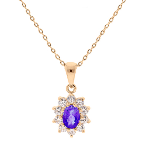COLLIER PLAQUÉ OR PENDENTIF AMÉTHYSTE VÉRITABLE ET OXYDES BLANCS SERTIS 42+3CM