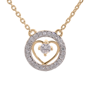 COLLIER PLAQUÉ OR PENDENTIF COEUR OXYDE BLANC DANS UN CERCLE CONTOUR OXYDES BLANCS SERTIS 42+3CM