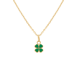 COLLIER PLAQUÉ OR PENDENTIF TREFLE RÉSINE VERTE  35+2CM