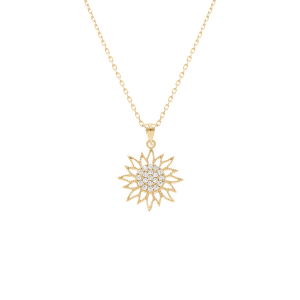 COLLIER PLAQUÉ OR PENDENTIF SOLEIL 15MM OXYDES BLANCS 40+5CM