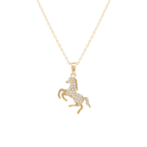 COLLIER PLAQUÉ OR PENDENTIF CHEVAL OXYDES BLANCS 40+5CM