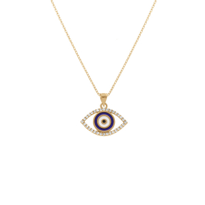 COLLIER PLAQUÉ OR PENDENTIF OEIL DE LA CHANCE CONTOUR OXYDES BLANCS 40+5CM