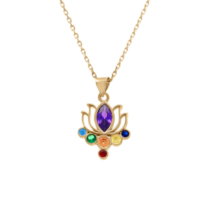 COLLIER PLAQUÉ OR  PENDENTIF CHAKRA FLEUR 7 OXYDES 40+5CM