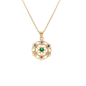 COLLIER PLAQUÉ OR PENDENTIF CHAKRA 15MM 7 OXYDES 40+5CM