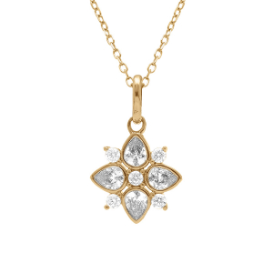 COLLIER PLAQUÉ OR PENDENTIF FLEUR OXYDES BLANCS SERTI CLOS 40+CM
