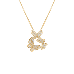 COLLIER PLAQUÉ OR PAPILLONS OXYDES BLANCS SERTIS  40+5CM