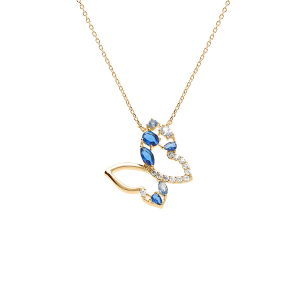 COLLIER PLAQUÉ OR PAPILLON AJOURÉ OXYDES BLEUS ET BLANCS 40+5CM