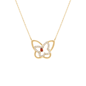 COLLIER PLAQUÉ OR PAPILLON OXYDE ROUGE ET OXYDES BLANCS 40+5CM