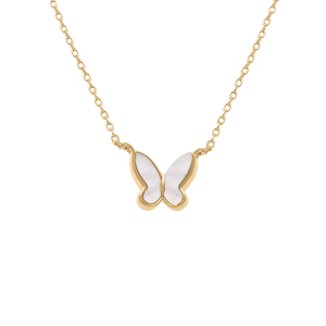 COLLIER PLAQUÉ OR DOUBLE PAPILLON NACRE BLANCHE ET OXYDES BLANCS 42+3CM