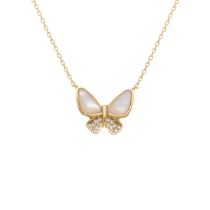 COLLIER PLAQUÉ OR PAPILLON NACRE BLANCHE VÉRITABLE ET OXYDES BLANCS 42+3CM