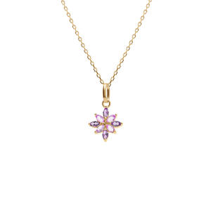COLLIER PLAQUÉ OR FLEUR OXYDES VIOLET ET ROSE 38+4CM