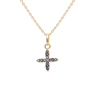 COLLIER PLAQUÉ OR CROIX OXYDES BLEUS 38+4CM