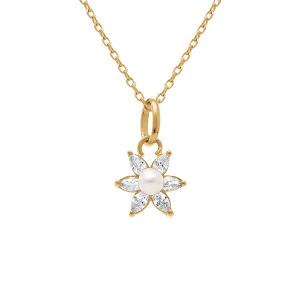 COLLIER PLAQUÉ OR FLEUR OXYDES BLANCS ET PERLE DEAU DOUCE 38+4CM