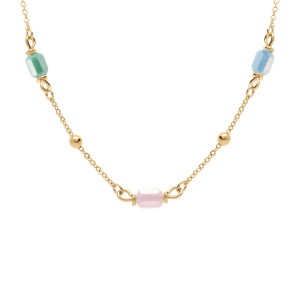 COLLIER PLAQUÉ OR 4 PIERRES CYLINDRES BLEU ROSE BLANC   16+3CM