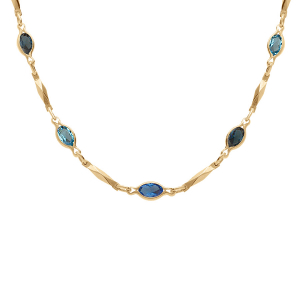 COLLIER  PLAQUÉ OR TUTTI FRUTTI NAVETTES OXYDES DEGRADÉ BLEU ET BAGUETTES  40+7CM