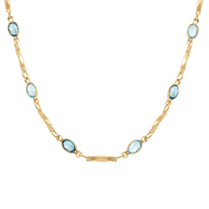 COLLIER  PLAQUÉ OR TUTTI FRUTTI NAVETTES OXYDES DEGRADÉ BLEU ET BAGUETTES  40+7CM