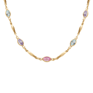 COLLIER  PLAQUÉ OR TUTTI FRUTTI NAVETTES OXYDES DEGRADÉ ROSE ET BLEU ET BAGUETTES  40+7CM