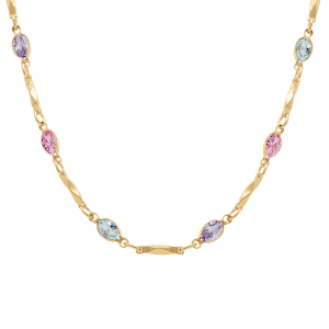 COLLIER  PLAQUÉ OR TUTTI FRUTTI NAVETTES OXYDES DEGRADÉ ROSE ET BLEU ET BAGUETTES  40+7CM