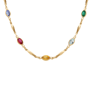 COLLIER  PLAQUÉ OR TUTTI FRUTTI NAVETTES OXYDES MULTI COULEURS ET BAGUETTES  40+7CM