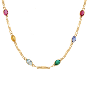 COLLIER  PLAQUÉ OR TUTTI FRUTTI NAVETTES OXYDES MULTI COULEURS ET BAGUETTES  40+7CM