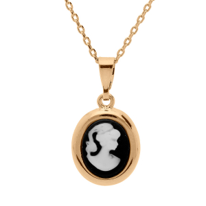 COLLIER PLAQUÉ OR PENDENTIF CAMÉE RÉSINE NOIRE 40+5CM