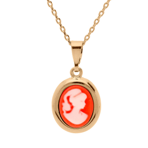 COLLIER PLAQUÉ OR PENDENTIF CAMÉE RÉSINE ROSE 40+5CM