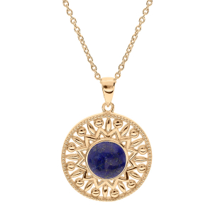 COLLIER PLAQUÉ OR PENDENTIF ETHNIQUE CABOCHON LAPIS LAZULI VÉRITABLE 42+3CM