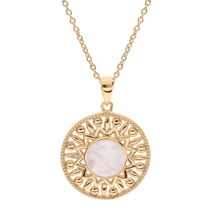 COLLIER PLAQUÉ OR PENDENTIF ETHNIQUE CABOCHON QUARTZ ROSE VÉRITABLE 42+3CM