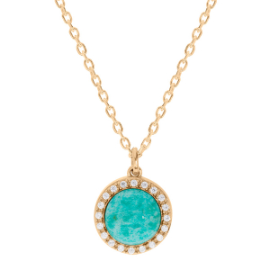 COLLIER PLAQUÉ OR PENDENTIF CABOCHON CONTOUR OXYDES BLANCS SERTIS PIERRE AMAZONITE NATURELLE 42+3CM
