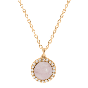 COLLIER PLAQUÉ OR PENDENTIF CABOCHON CONTOUR OXYDES BLANCS SERTIS PIERRE QUARTZ ROSE NATURELLE 42+3CM