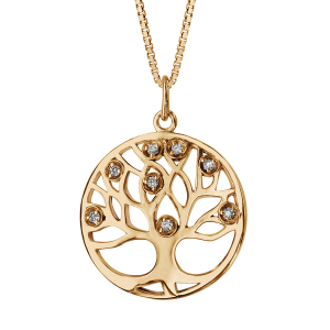 COLLIER PLAQUÉ OR PENDENTIF ROND ARBRE DE VIE PIERRES SYNTHETIQUE BLANCHES 42+3CM