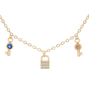 COLLIER PLAQUÉ OR PAMPILLES CADENAS OXYDES BLANCS ET CLEFS OXYDES MULTICOULEUR 40+5CM