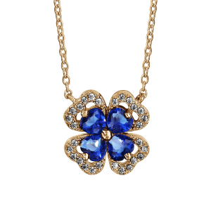 COLLIER PLAQUÉ OR TREFLE PIERRES SYNTHETIQUE BLEUES ENTOURAGE OXYDES BLANCS SERTIS 40+4CM