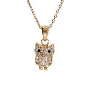 COLLIER PLAQUÉ OR PENDENTIF HIBOU - CHOUETTE OXYDES BLANCS SERTIS 42+3CM