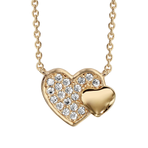 COLLIER PLAQUÉ OR DOUBLE COEUR PAVE OXYDES BLANCS ET LISSE 40+4CM