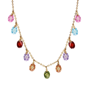 COLLIER PLAQUÉ OR PAMPILLES GOUTTES MULTICOULEURS 42+3CM