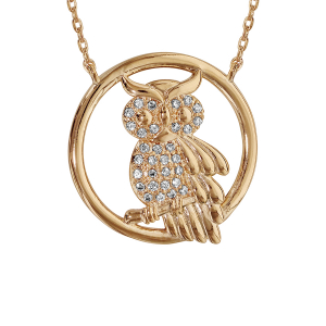 COLLIER PLAQUÉ OR HIBOU - CHOUETTE OXYDES BLANCS SERTIS 42+3CM