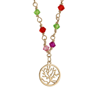 COLLIER PLAQUÉ OR PIERRES SYNTHETIQUE MULTICOLORES PAMPILLE ARBRE DE VIE 42+3CM