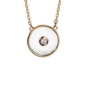 COLLIER PLAQUÉ OR ROND EMAIL BLANC ET 1 OXYDE BLANC SERTI CLOS 42CM