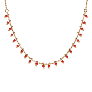 COLLIER PLAQUÉ OR PAMPILLES BOULES CORAIL SYNTHETIQUE 42CM