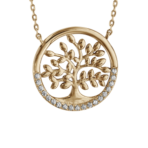 COLLIER PLAQUÉ OR ARBRE DE VIE OXYDES BLANCS SERTIS 40+5CM
