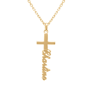 COLLIER PLAQUÉ OR DECOUPE LASER ANGLAISE VERTICALE AVEC CROIX  40CM
