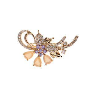 BROCHE PLAQUÉ OR VOLUTE OXYDES COULEURS PASTELS ET BLANCS SERTIS