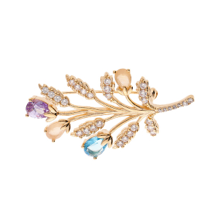 BROCHE PLAQUÉ OR FEUILLAGE OXYDES COULEURS PASTELS ET BLANCS SERTIS