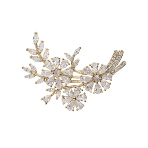 BROCHE PLAQUÉ OR FEUILLAGE OXYDES BLANCS SERTIS