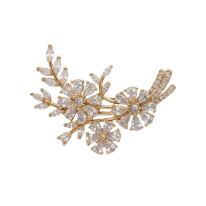 BROCHE PLAQUÉ OR FEUILLAGE OXYDES BLANCS SERTIS