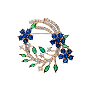 BROCHE PLAQUÉ OR FEUILLAGE OXYDES BLANCS BLEUS ET VERTS