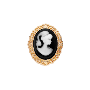 BROCHE PLAQUÉ OR CAMÉE RÉSINE NOIRE 30X25MM
